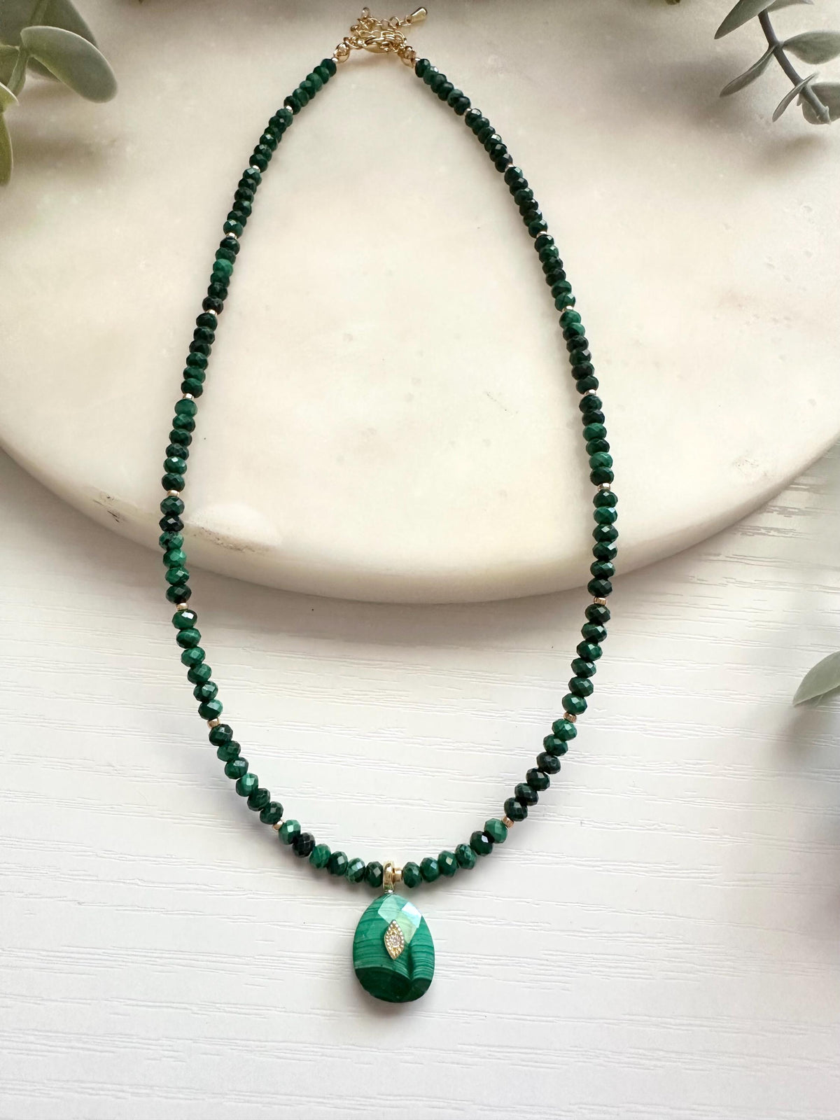 Malachite Necklace with CZ Inlay Pendant | Dainty Gold Filled Green Gemstone Necklace
