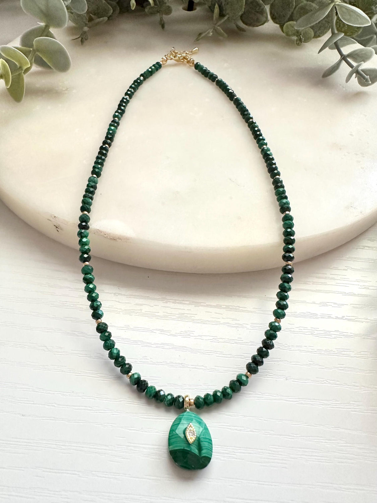 Malachite Necklace with CZ Inlay Pendant | Dainty Gold Filled Green Gemstone Necklace