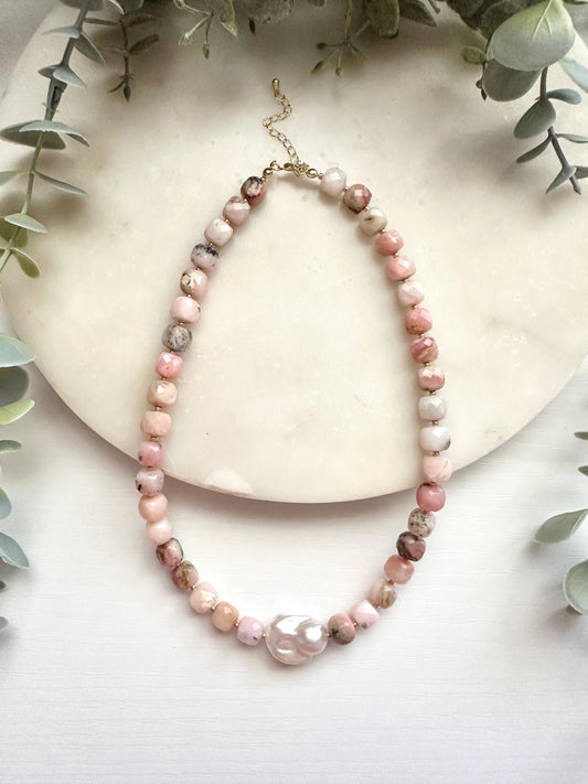 Pink Opal & Baroque Pearl Necklace | Gold Filled Blush Gemstone Necklace