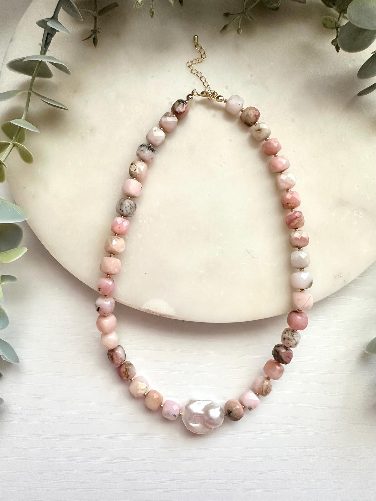 Pink Opal & Baroque Pearl Necklace | Gold Filled Blush Gemstone Necklace