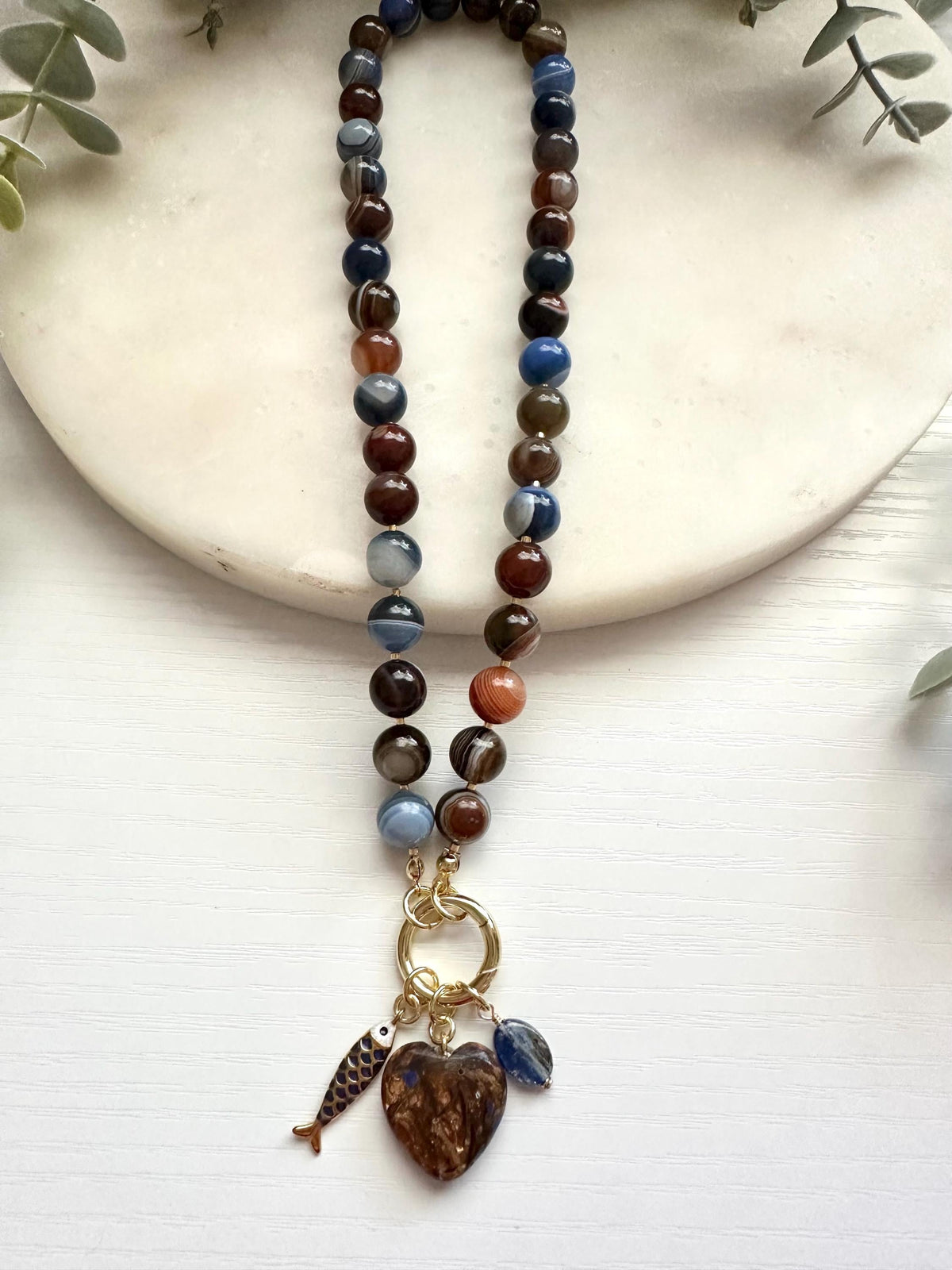 Blue & Brown Botswana Agate Necklace with Heart, Fish Charms | Gold Filled Gemstone Necklace