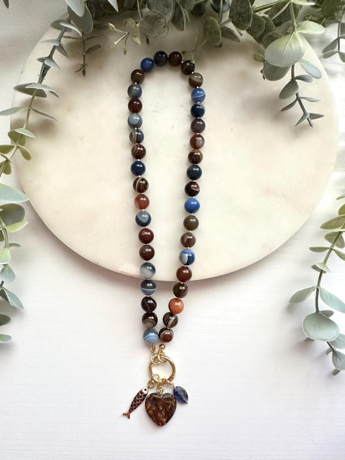 Blue & Brown Botswana Agate Necklace with Heart, Fish Charms | Gold Filled Gemstone Necklace