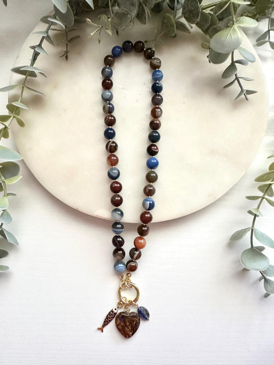 Blue & Brown Botswana Agate Necklace with Heart, Fish Charms | Gold Filled Gemstone Necklace