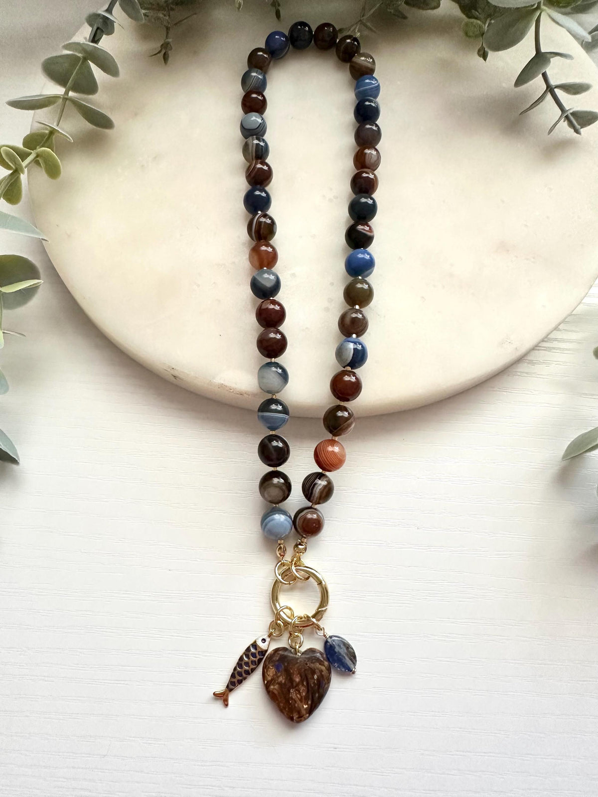 Blue & Brown Botswana Agate Necklace with Heart, Fish Charms | Gold Filled Gemstone Necklace