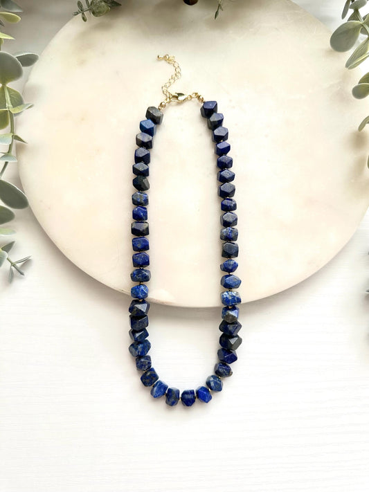 Lapis Lazuli Nugget Necklace | Diamond Cut Blue Gemstone Necklace | Gold Filled Jewelry