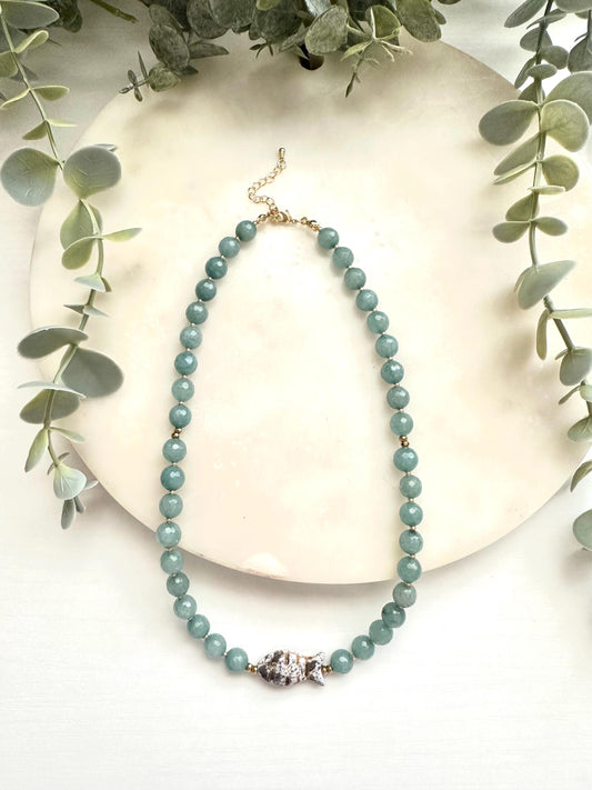 Sage Green Jade & Ceramic Fish Necklace | Gold Filled Gemstone Necklace