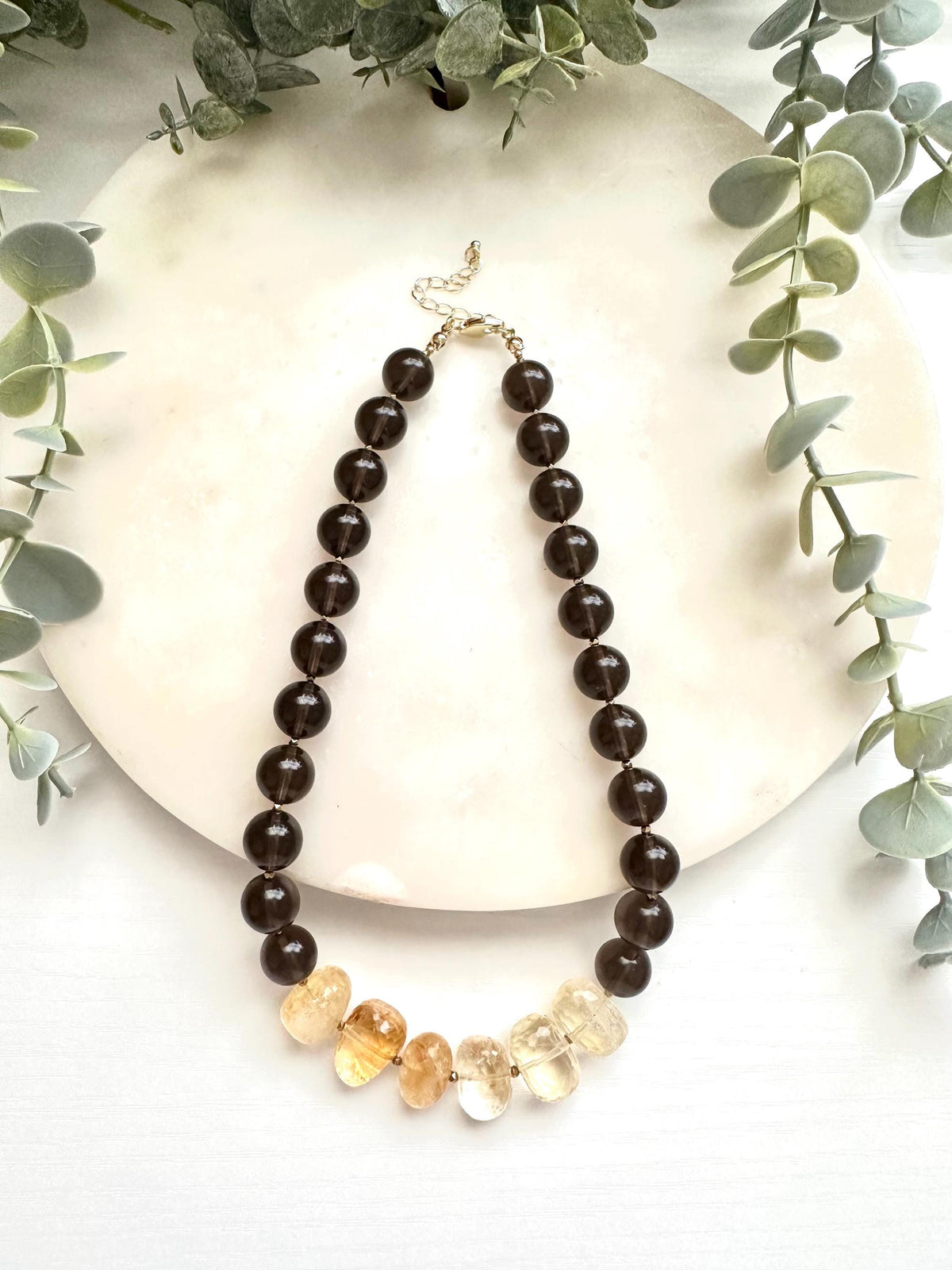 Smoky Quartz & Citrine Necklace | 12mm Brown Gemstone Necklace | Gold Filled Jewelry