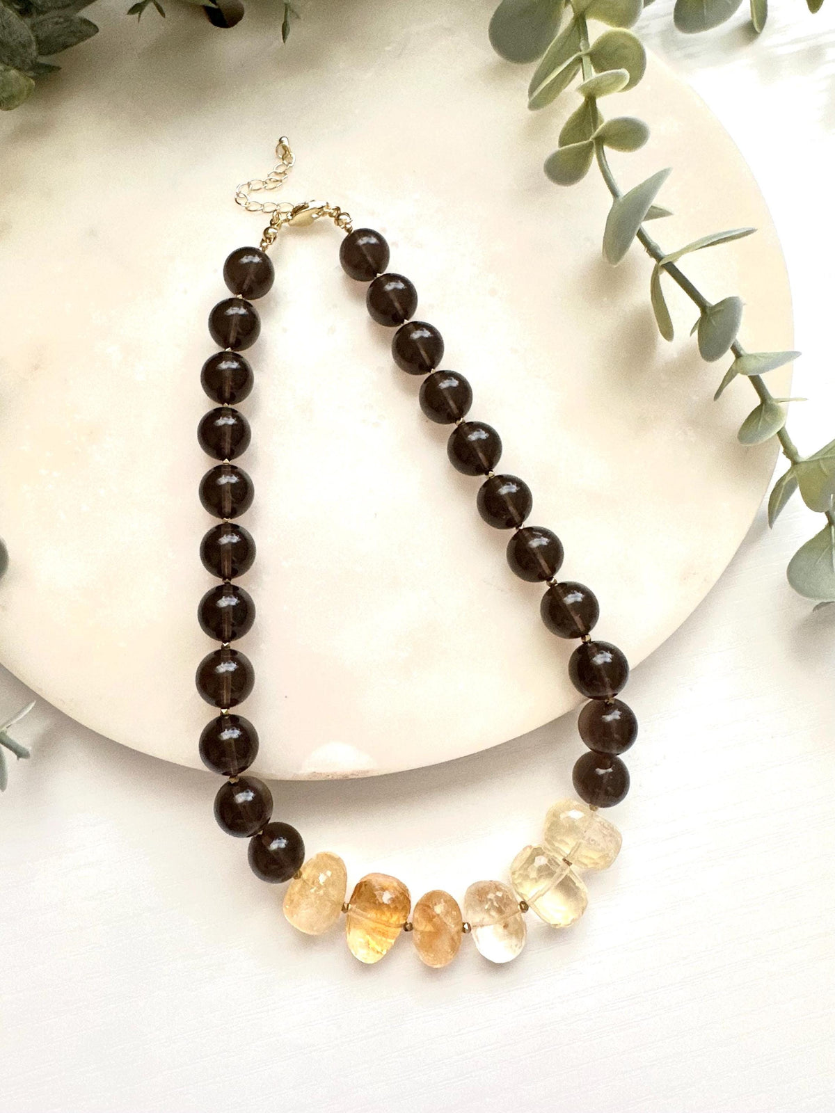 Smoky Quartz & Citrine Necklace | 12mm Brown Gemstone Necklace | Gold Filled Jewelry
