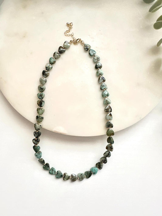 African Turquoise Jasper Heart Necklace | 9mm Faceted Gemstone Necklace | Gold Filled Jewelry