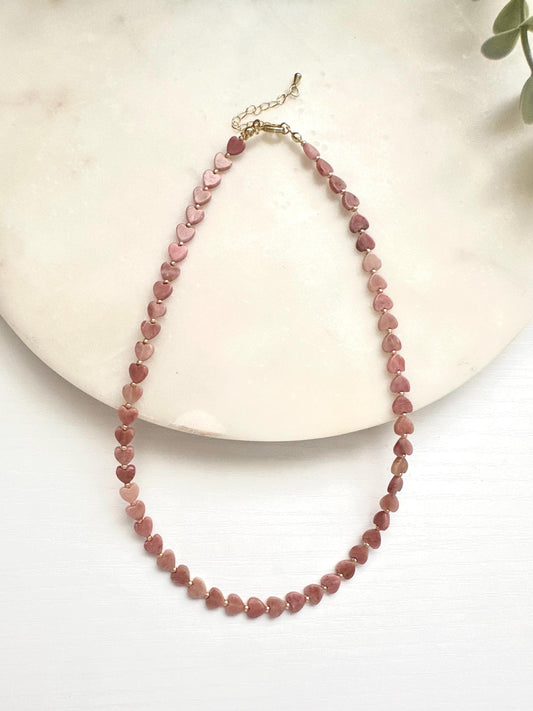Pink Petrified Rhodonite Heart Necklace | 6mm Pink Gemstone Necklace | Gold Filled Jewelry