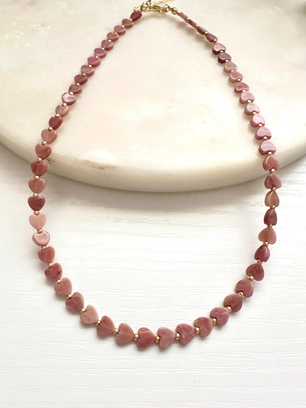 Pink Petrified Rhodonite Heart Necklace | 6mm Pink Gemstone Necklace | Gold Filled Jewelry