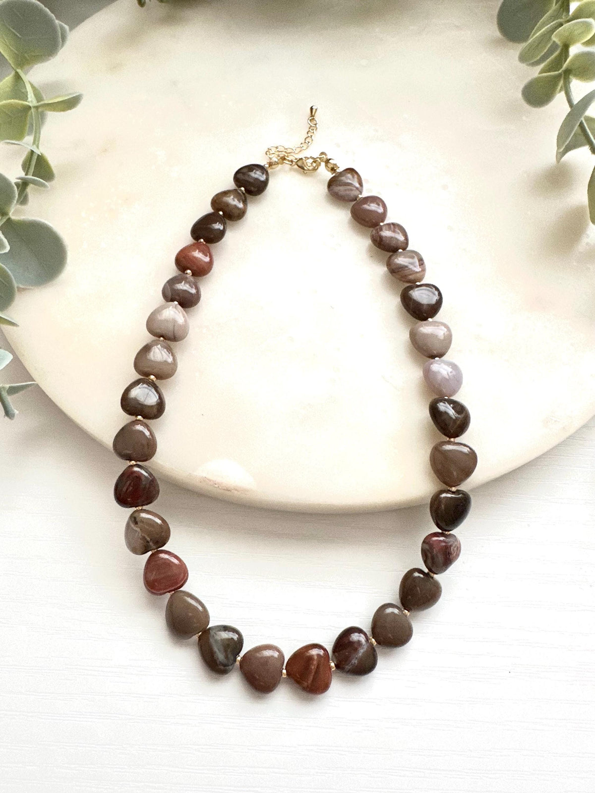Petrified Wood Heart Necklace | 12mm Earth Tone Gemstone Necklace | Gold Filled Jewelry