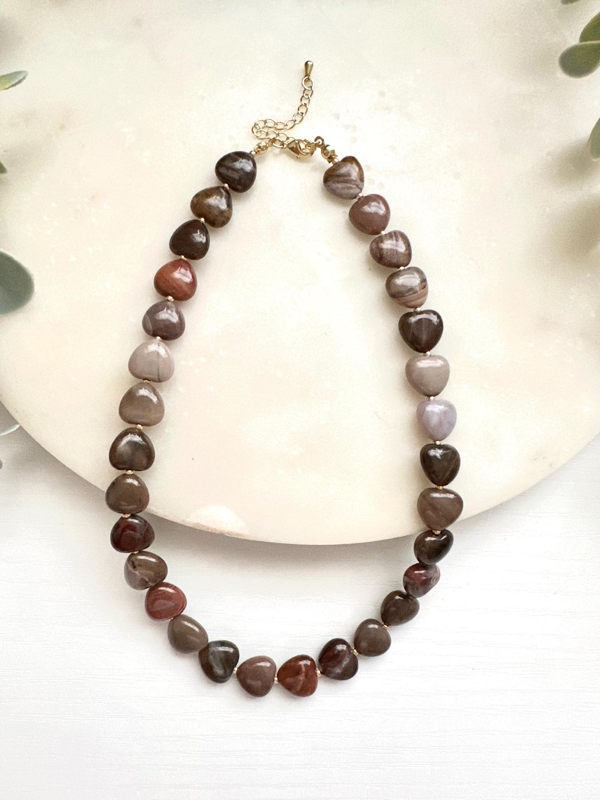 Petrified Wood Heart Necklace | 12mm Earth Tone Gemstone Necklace | Gold Filled Jewelry