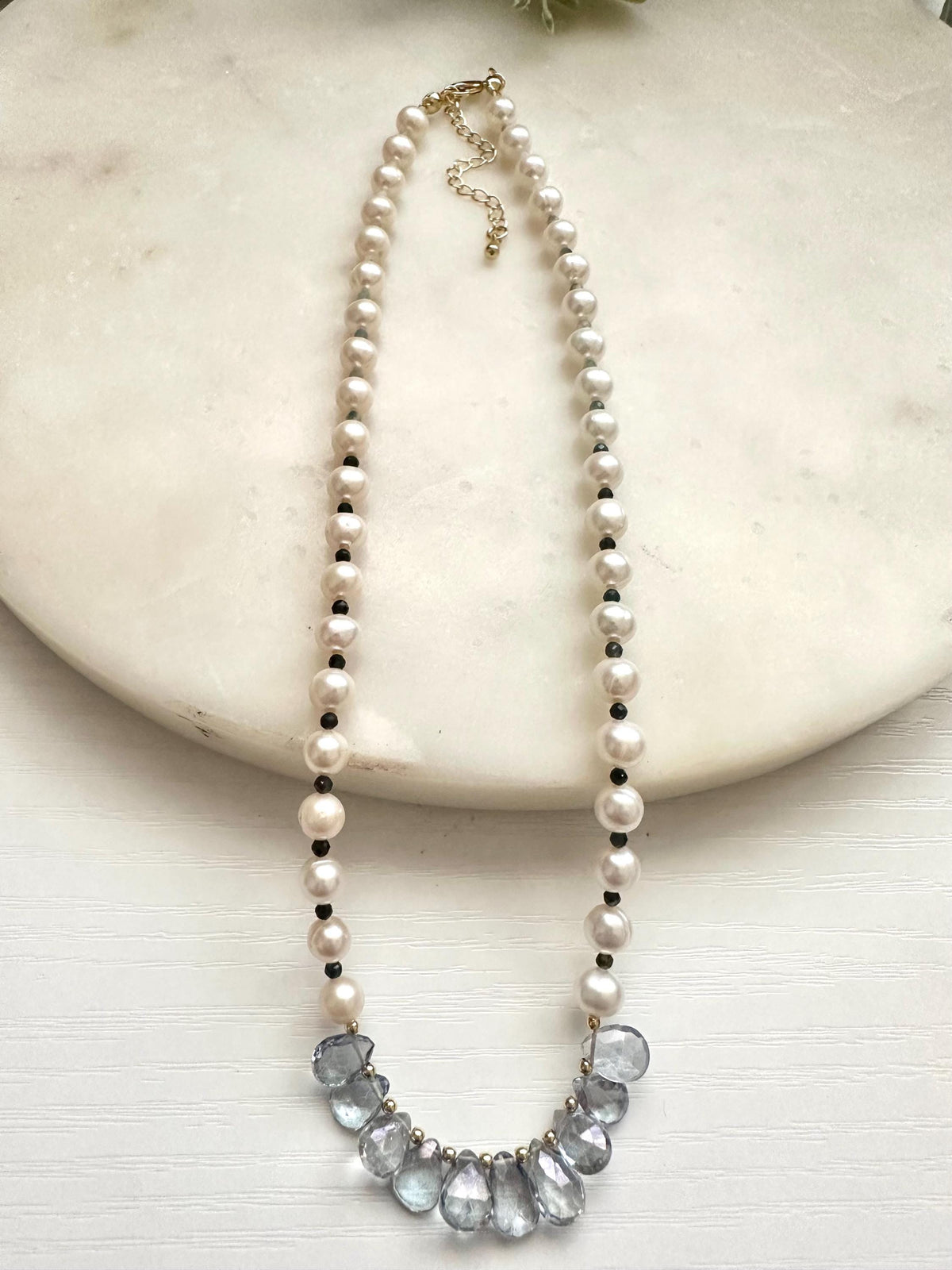 Freshwater Pearl & Blue Quartz Necklace | Aquamarine Accents | Gold Filled Gemstone Necklace