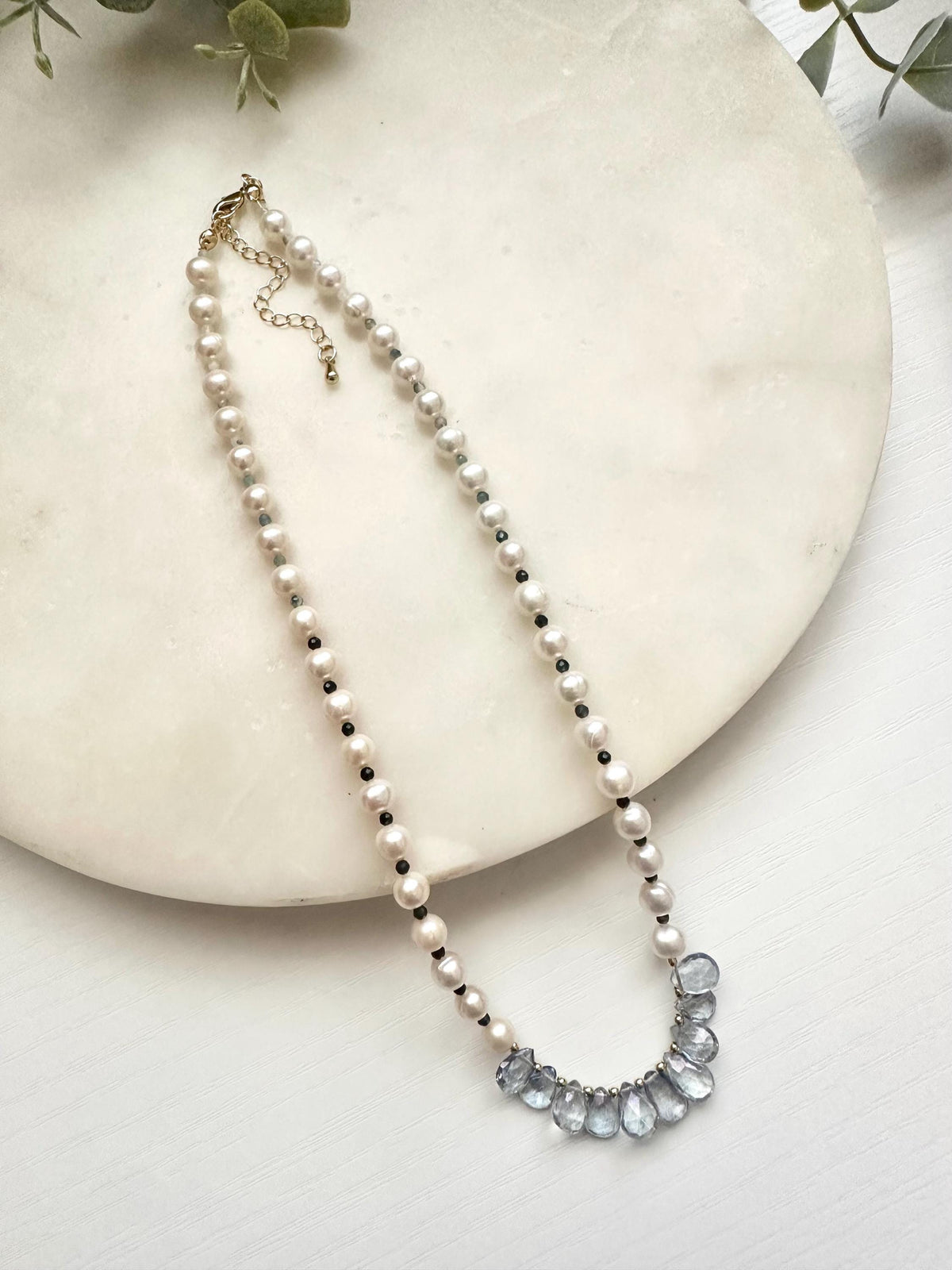 Freshwater Pearl & Blue Quartz Necklace | Aquamarine Accents | Gold Filled Gemstone Necklace