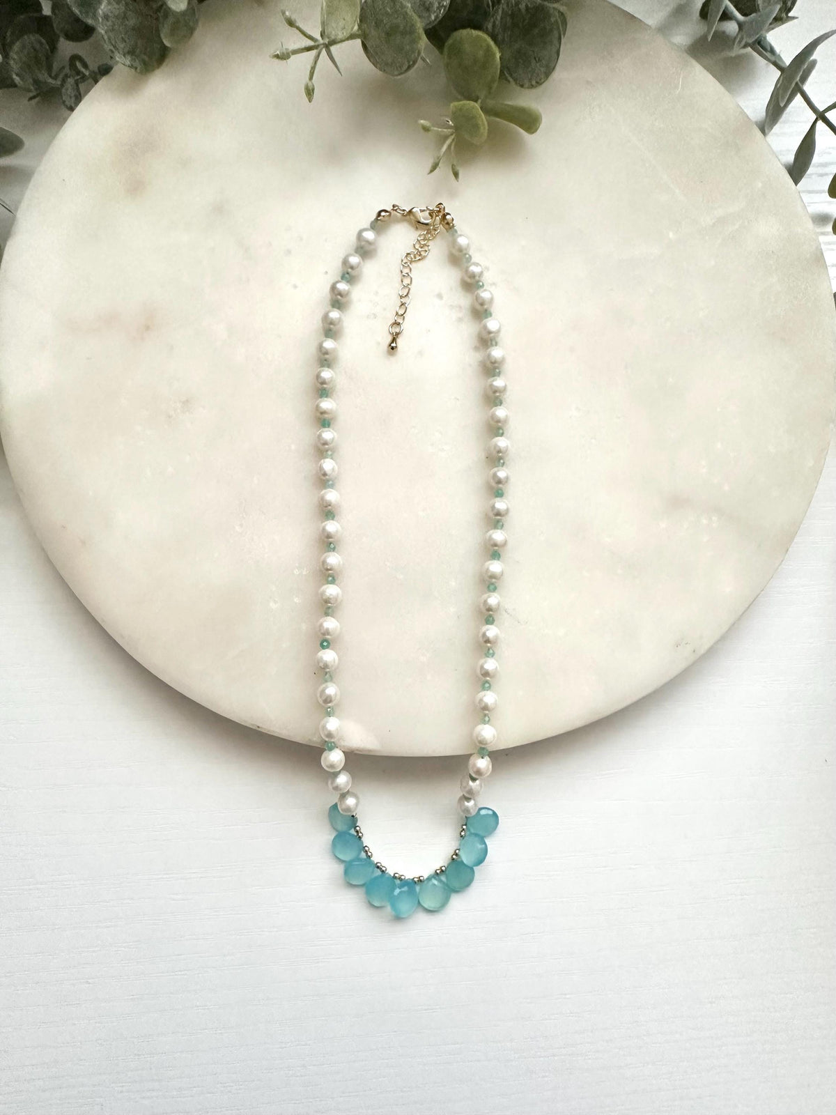 Freshwater Pearl, Amazonite & Aqua Chalcedony Necklace | Gold Filled Blue Gemstone Necklace