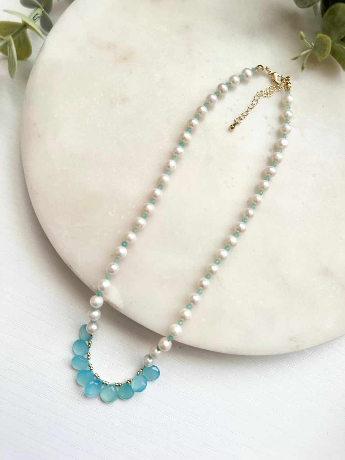 Freshwater Pearl, Amazonite & Aqua Chalcedony Necklace | Gold Filled Blue Gemstone Necklace