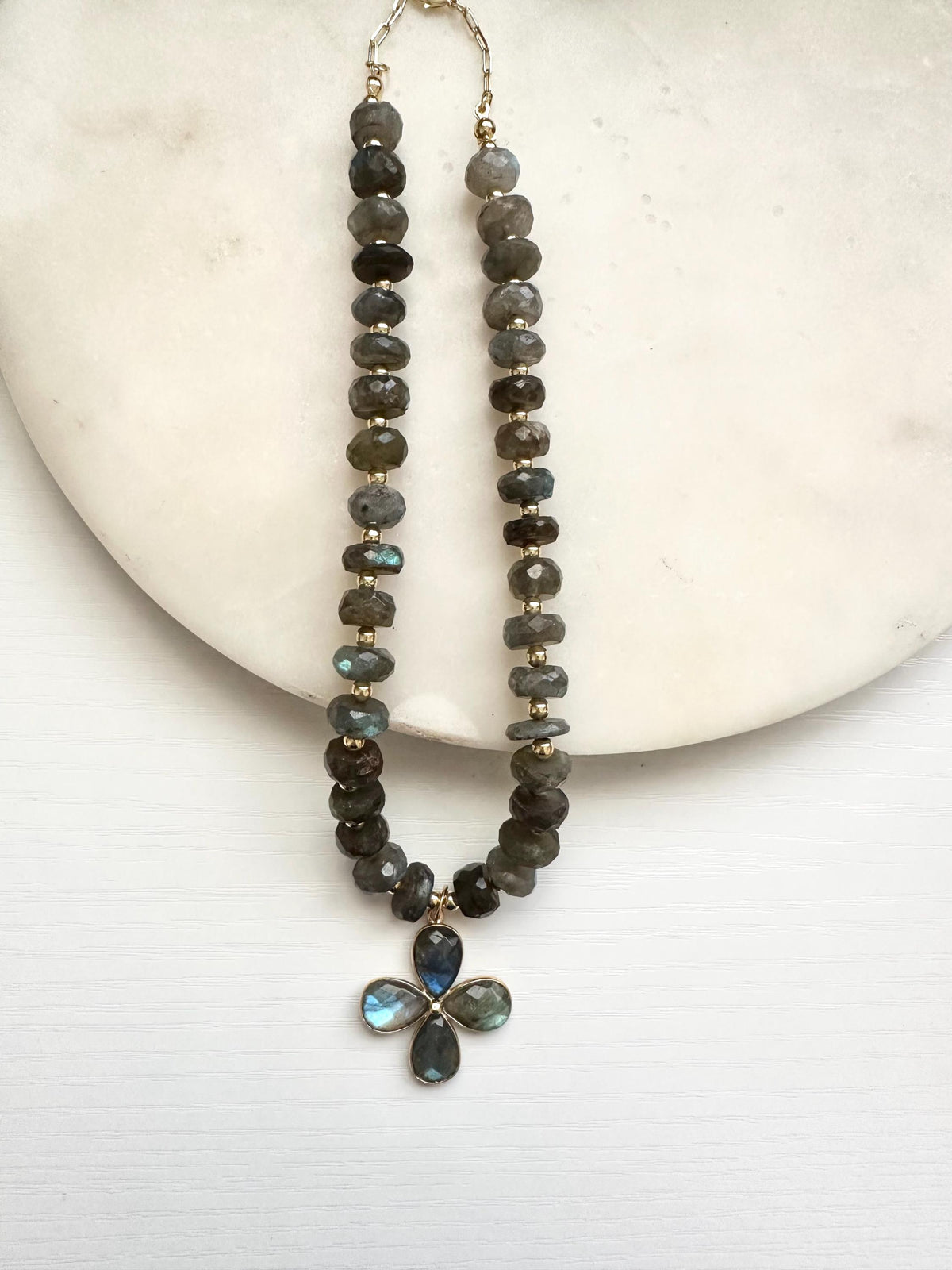 Labradorite Flower Necklace | Faceted Labradorite & Gold Filled Paperclip Chain Necklace