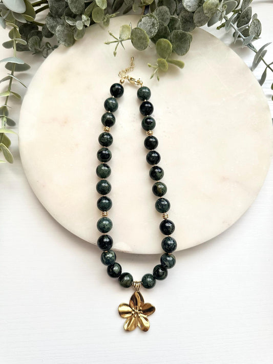 Kambaba Jasper Flower Necklace | Green Gemstone Necklace | Gold Filled Jewelry
