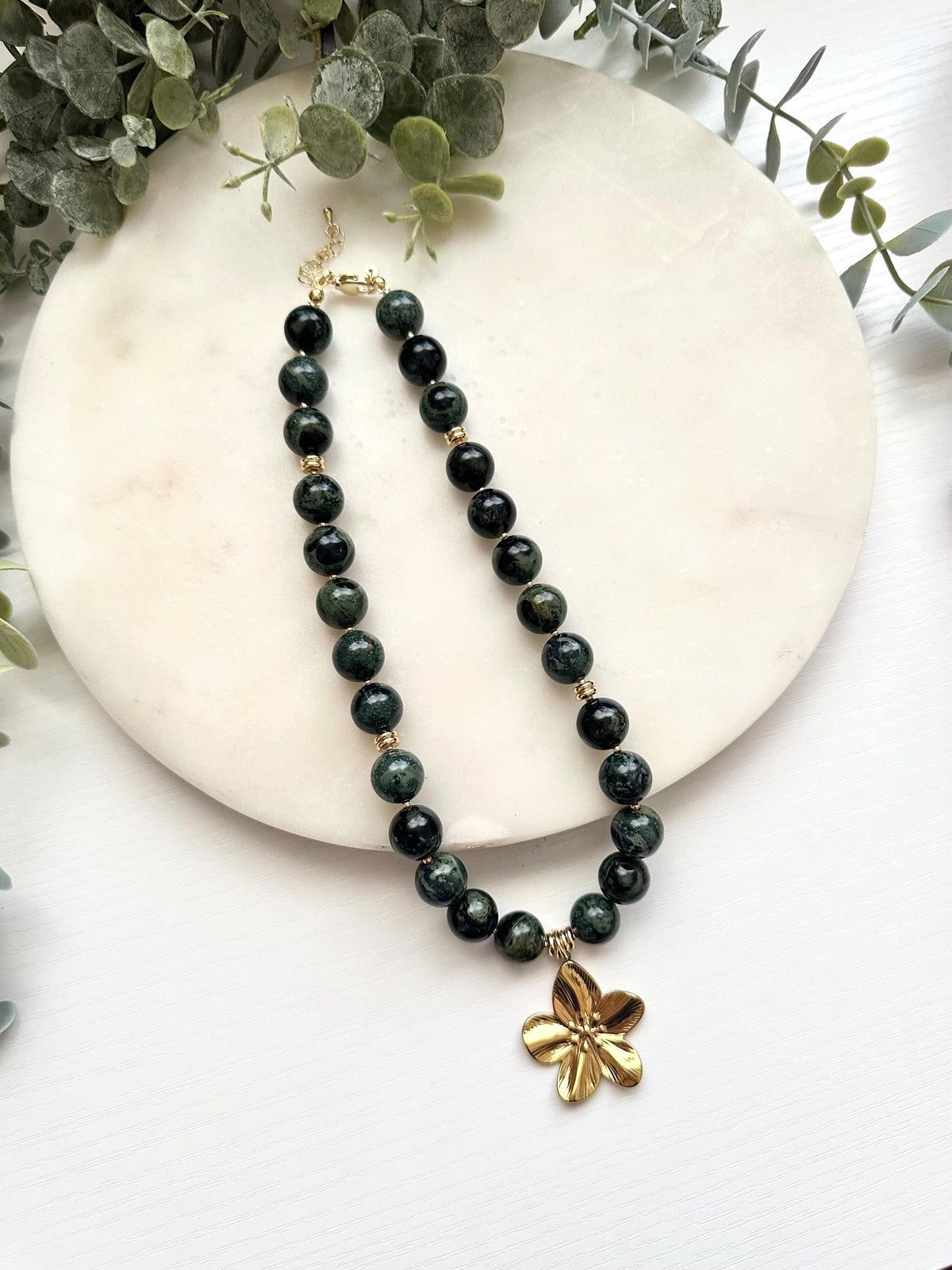 Kambaba Jasper Flower Necklace | Green Gemstone Necklace | Gold Filled Jewelry
