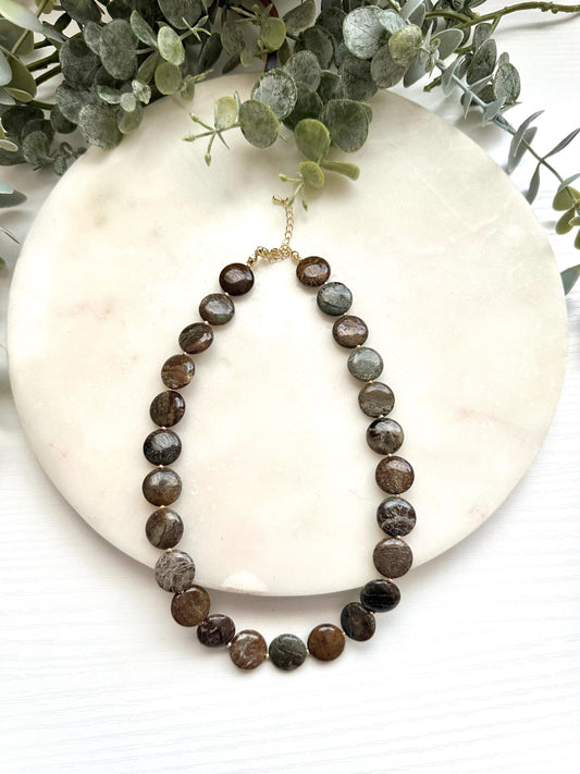 African Onyx Coin Necklace | 14mm Brown Gemstone Necklace | Gold Filled Jewelry