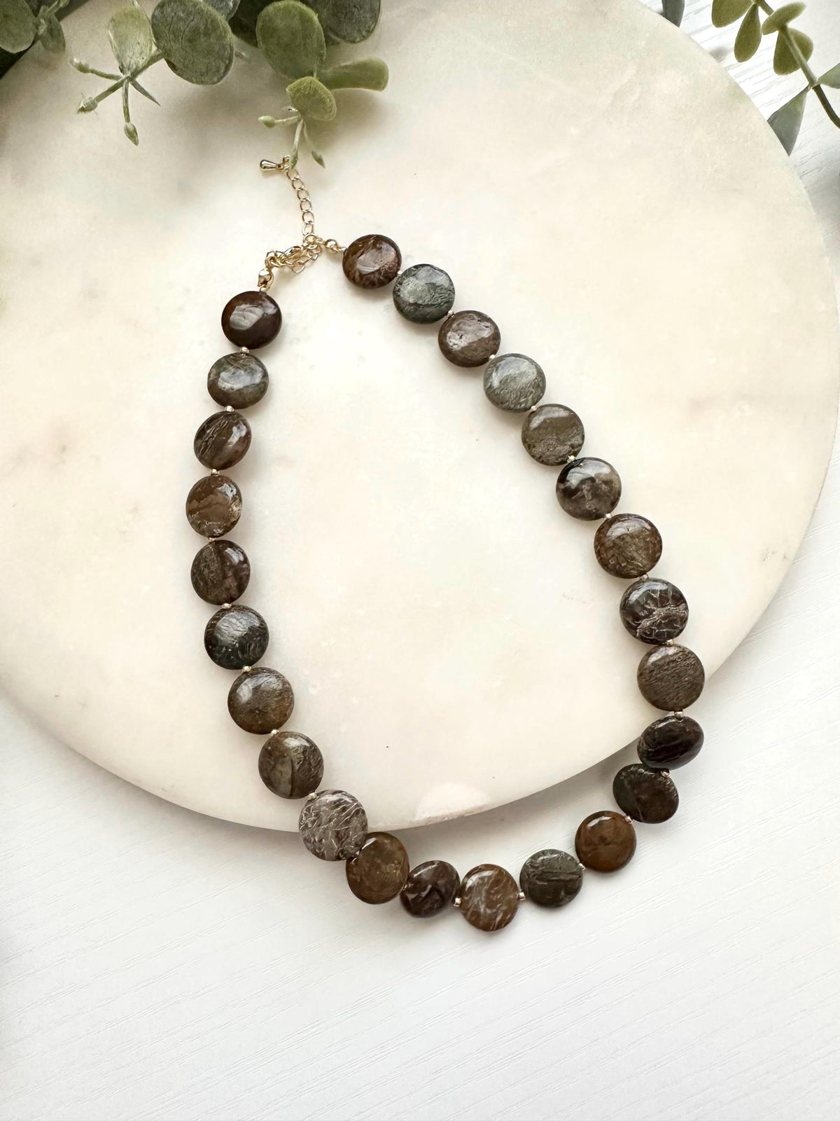 African Onyx Coin Necklace | 14mm Brown Gemstone Necklace | Gold Filled Jewelry