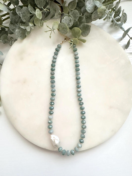 Guatemalan Green Jade & Baroque Pearl Necklace | Gold Filled Gemstone Necklace