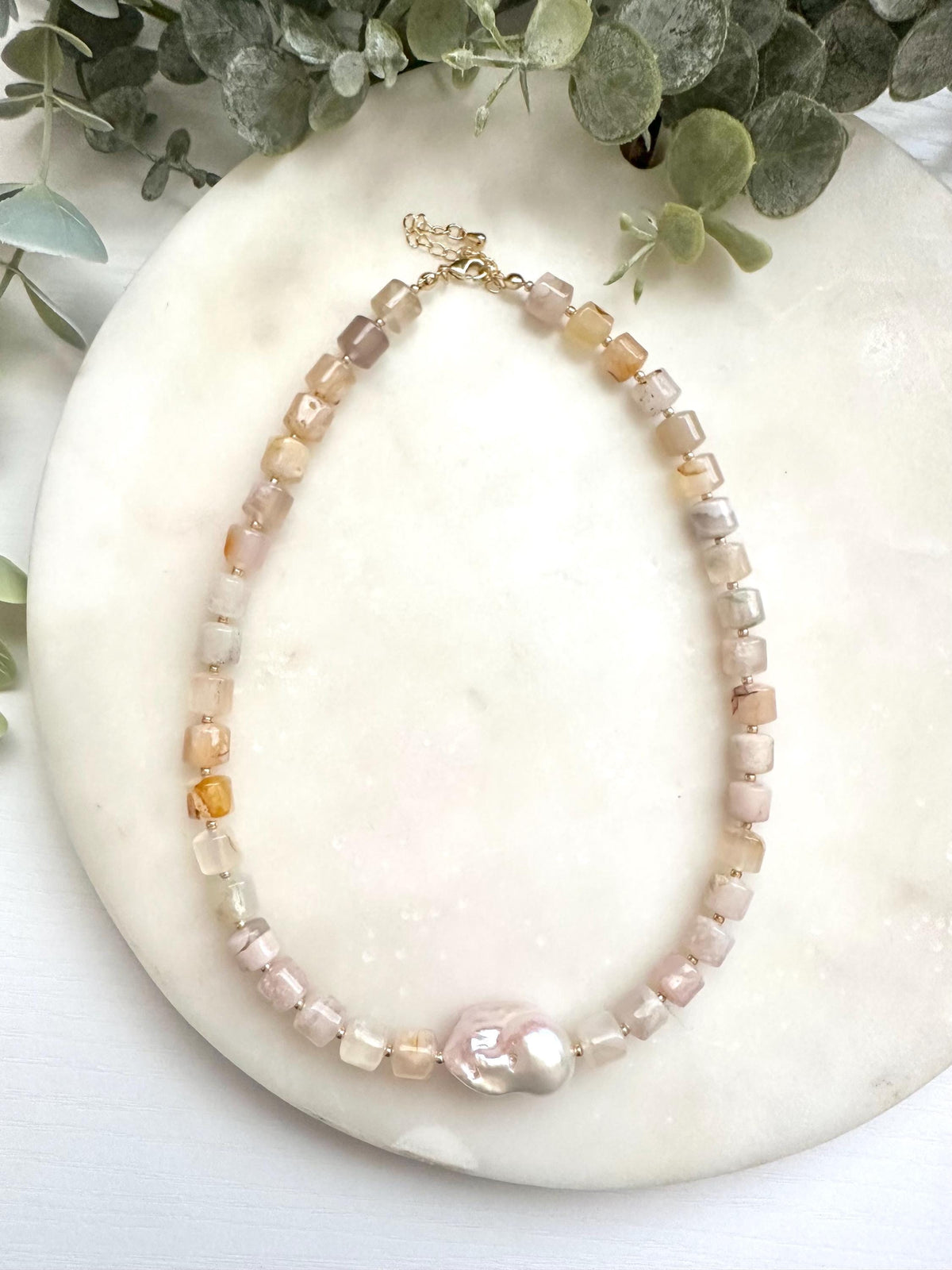 Flower Agate & Baroque Pearl Necklace | Gold Filled Pink Gemstone Necklace