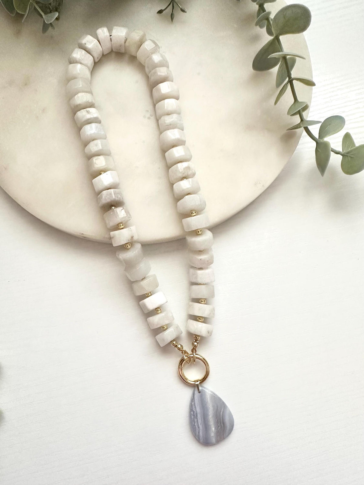 White Moonstone & Blue Lace Agate Necklace | Gold Filled Gemstone Statement Necklace