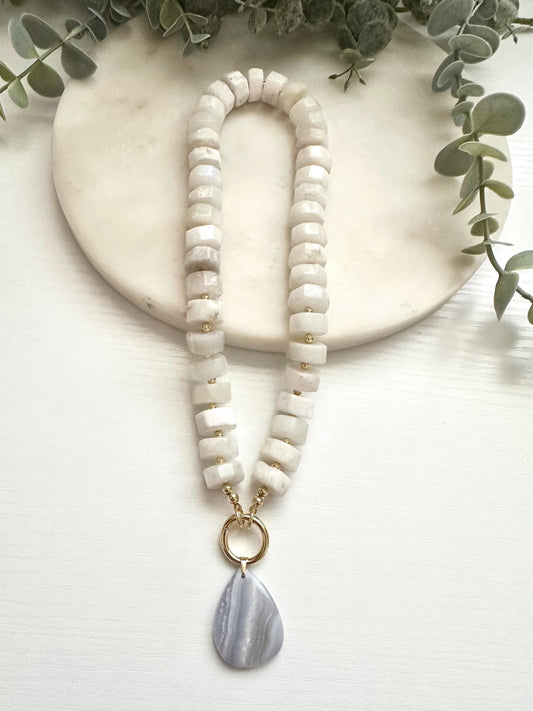 White Moonstone & Blue Lace Agate Necklace | Gold Filled Gemstone Statement Necklace