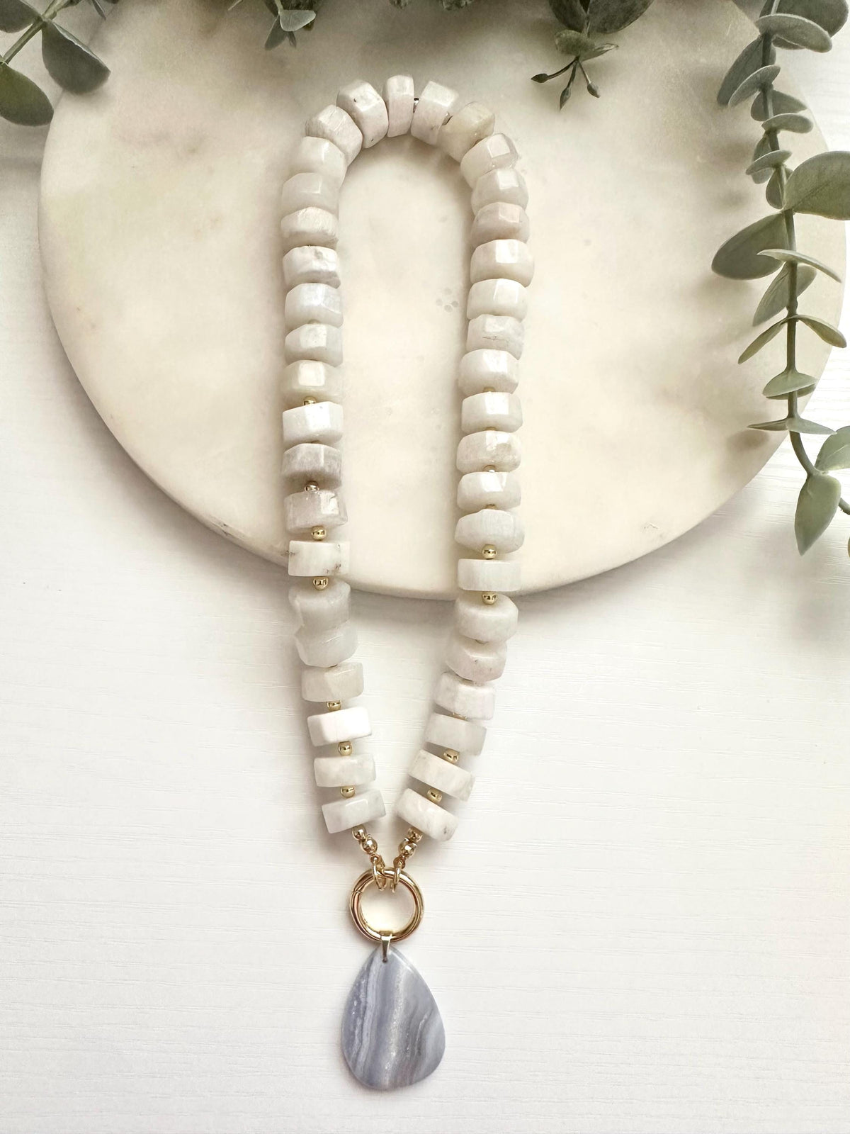 White Moonstone & Blue Lace Agate Necklace | Gold Filled Gemstone Statement Necklace