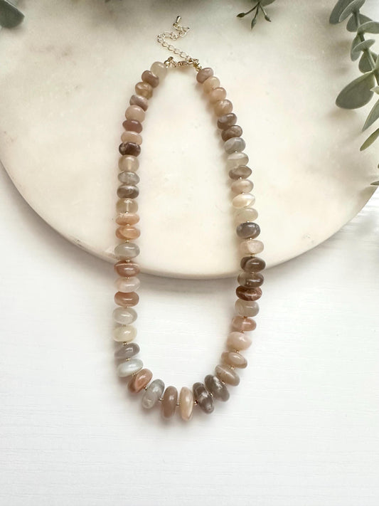 Graduated Multicolor Moonstone Necklace | 10–14mm Smooth Rondelle Gemstone Necklace | Gold Filled Jewelry