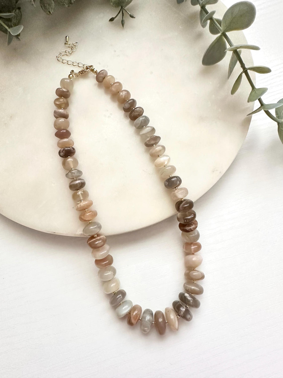 Graduated Multicolor Moonstone Necklace | 10–14mm Smooth Rondelle Gemstone Necklace | Gold Filled Jewelry