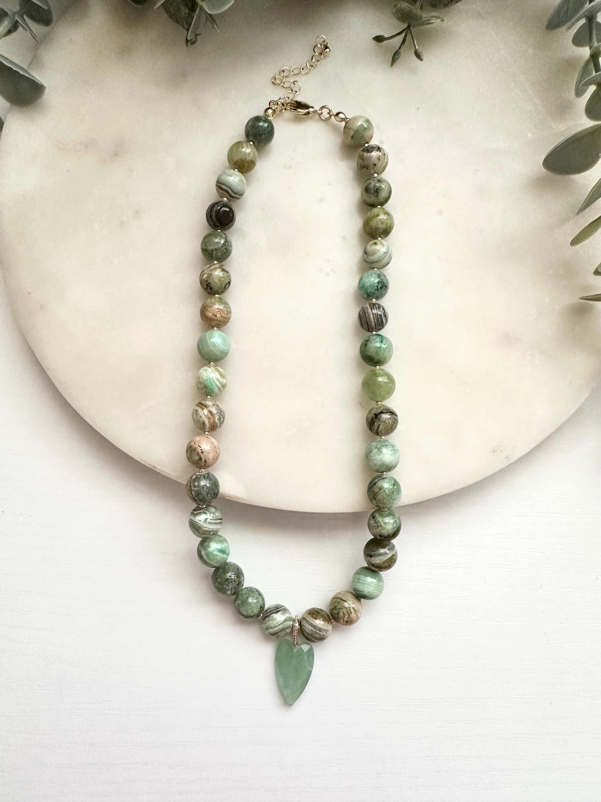 Green Crazy Lace Jasper Necklace with Aventurine Heart | Gold Filled Gemstone Necklace