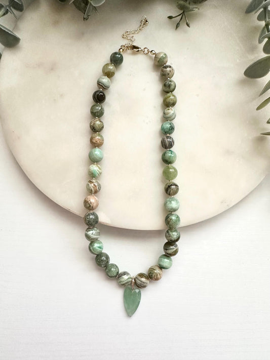 Green Crazy Lace Jasper Necklace with Aventurine Heart | Gold Filled Gemstone Necklace