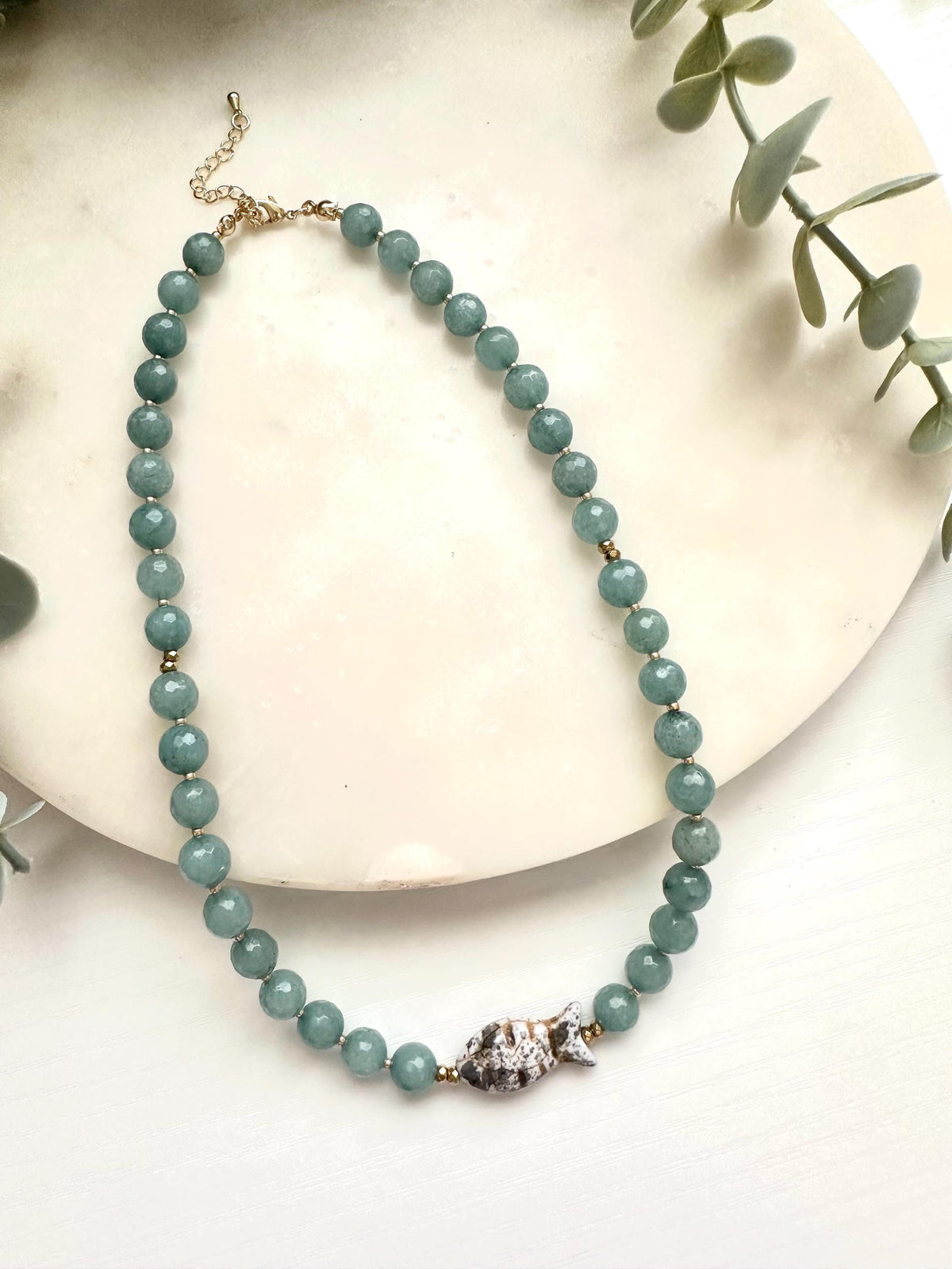 Sage Green Jade & Ceramic Fish Necklace | Gold Filled Gemstone Necklace