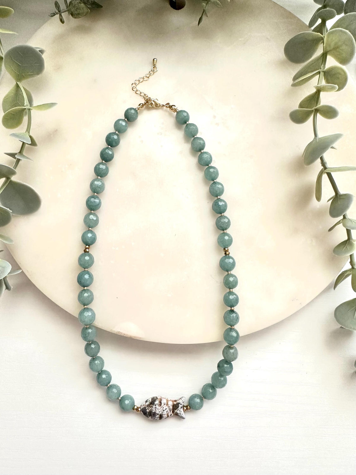 Sage Green Jade & Ceramic Fish Necklace | Gold Filled Gemstone Necklace