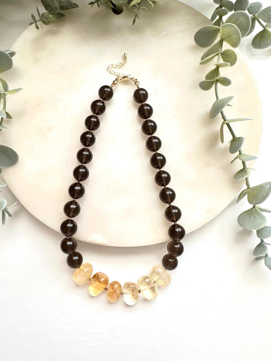Smoky Quartz & Citrine Necklace | 12mm Brown Gemstone Necklace | Gold Filled Jewelry