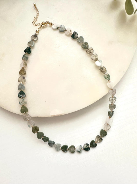 Moss Agate Heart Necklace | 8mm Green Gemstone Necklace | Gold Filled Jewelry