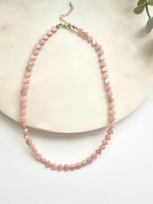 Chinese Pink Opal Heart Necklace | 6mm Blush Gemstone Necklace | Gold Filled Jewelry