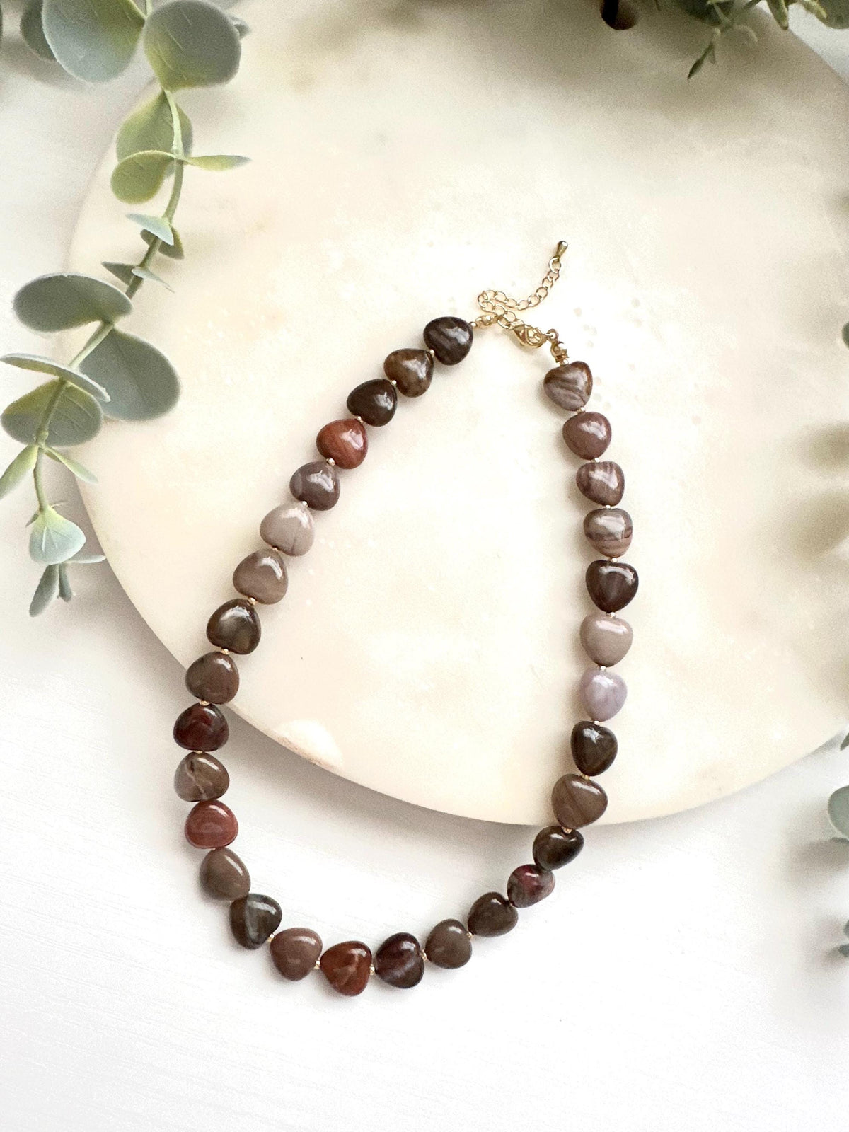 Petrified Wood Heart Necklace | 12mm Earth Tone Gemstone Necklace | Gold Filled Jewelry