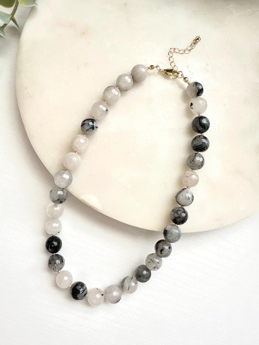 Black Rutilated Quartz Necklace | Faceted Quartz Gemstone Necklace | Handmade Gold Filled Jewelry | Statement Necklace |