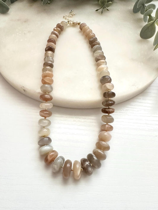 Graduated Multicolor Moonstone Necklace | 10–14mm Smooth Rondelle Gemstone Necklace | Gold Filled Jewelry