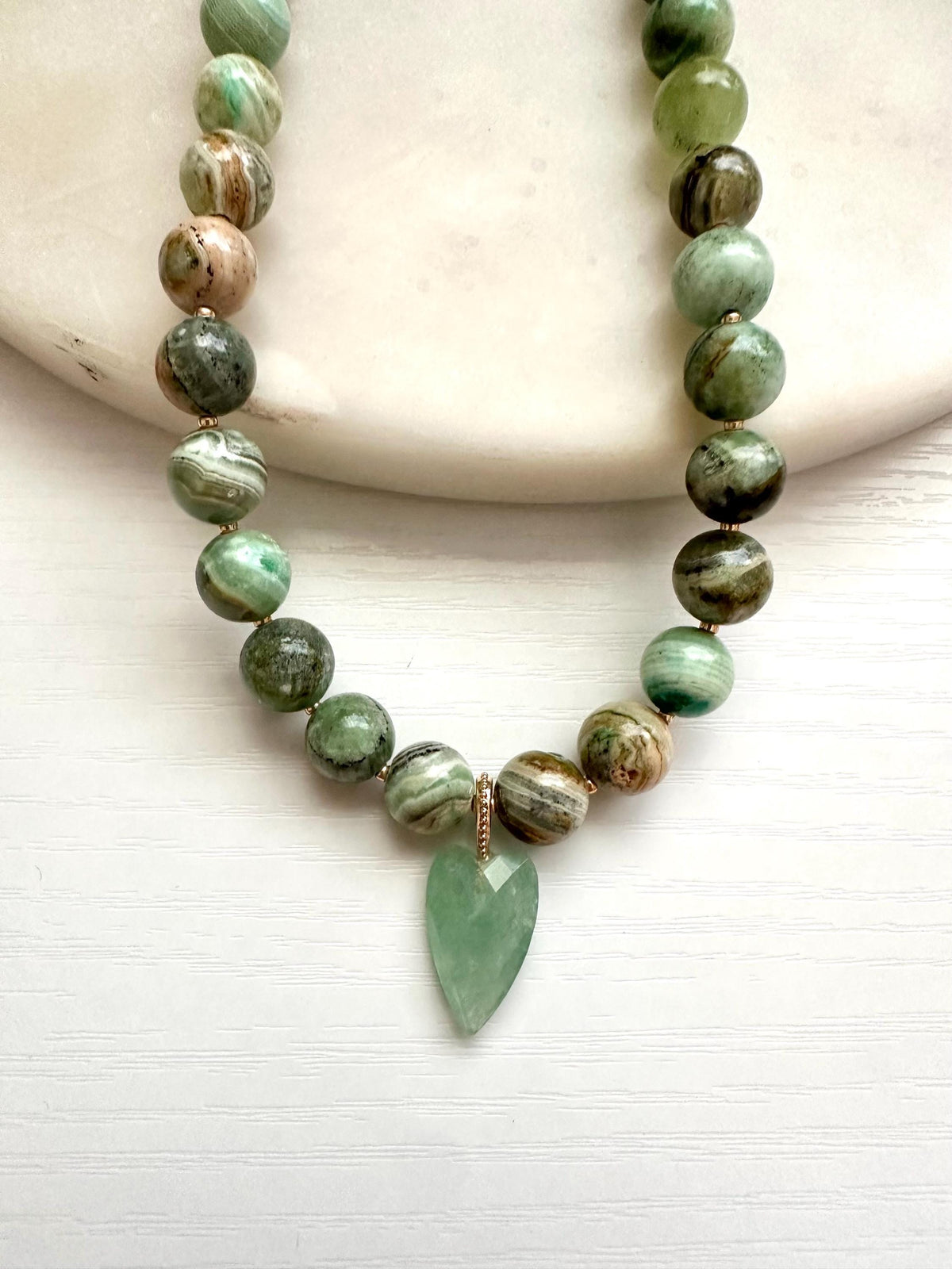 Green Crazy Lace Jasper Necklace with Aventurine Heart | Gold Filled Gemstone Necklace