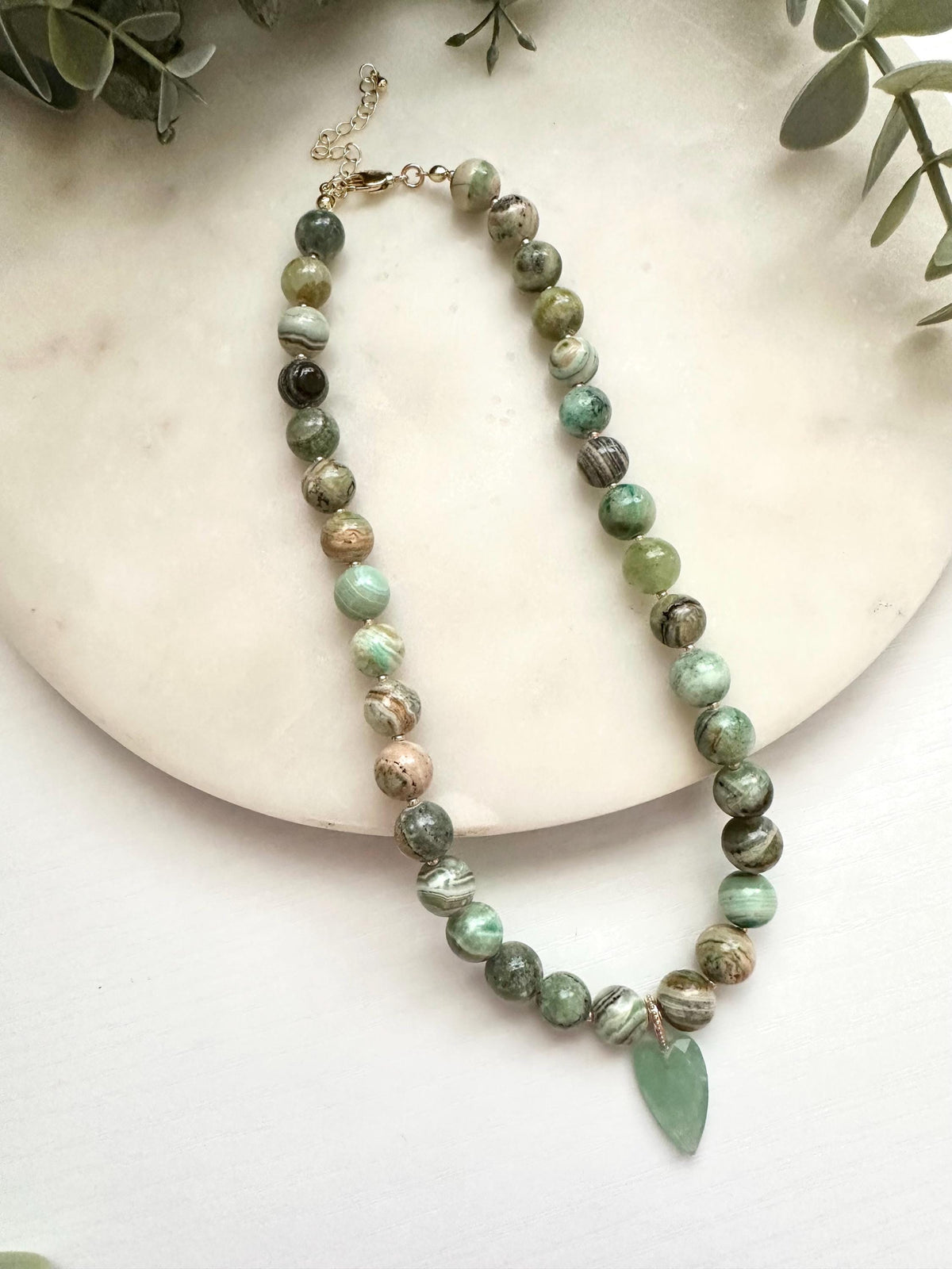 Green Crazy Lace Jasper Necklace with Aventurine Heart | Gold Filled Gemstone Necklace