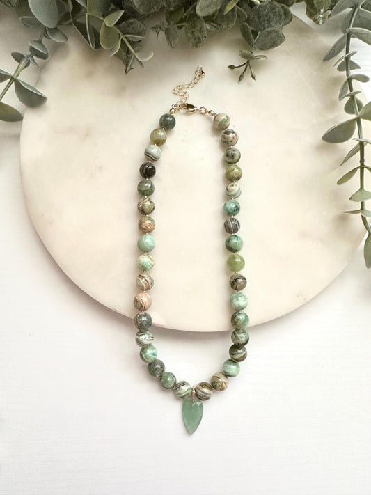 Green Crazy Lace Jasper Necklace with Aventurine Heart | Gold Filled Gemstone Necklace